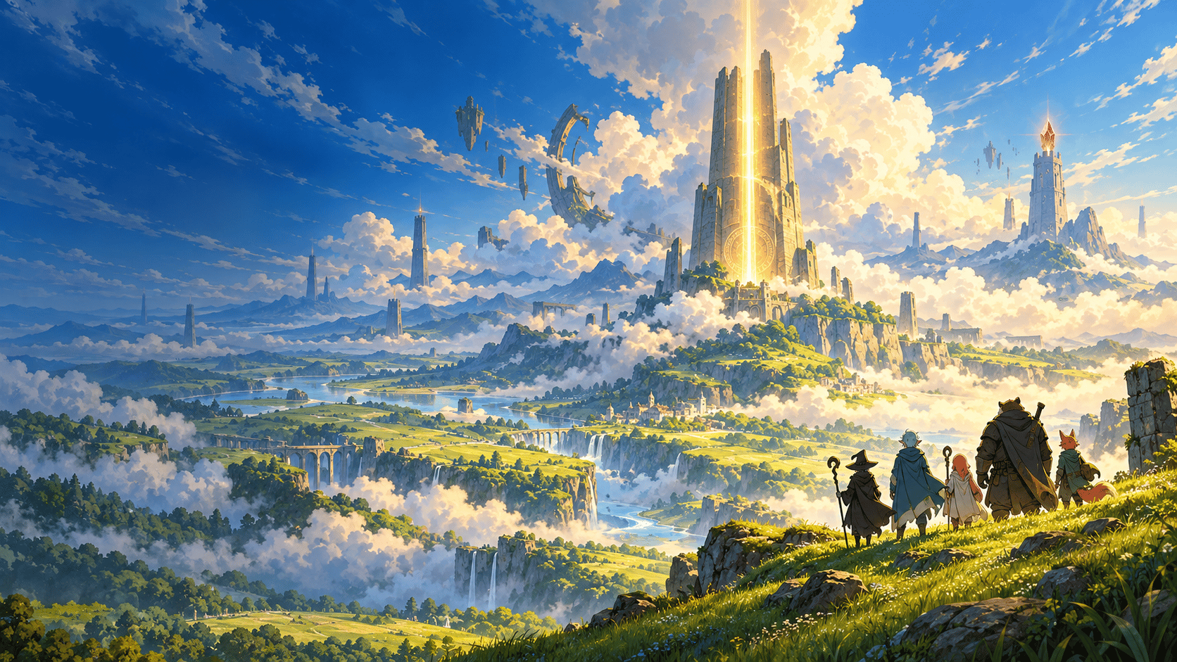 Five travelers overlook a vast green realm of luminous towers and floating ruins